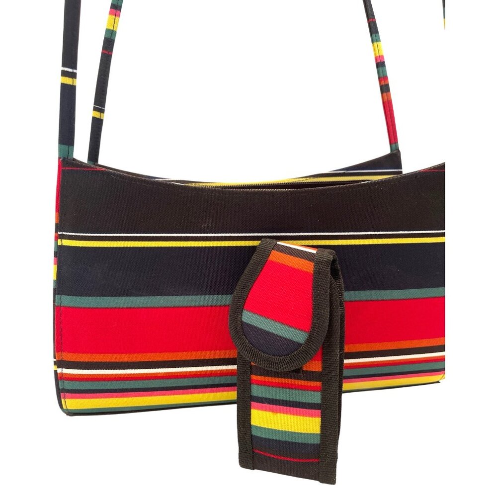 Striped Canvas Shoulder Bag Purse Small Baguette Y2K Retro Red Blue Pocketbook - Picture 2 of 11